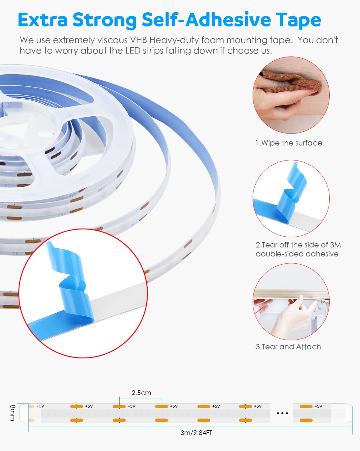 Aclorol 3M COB LED Strip Light Warm White 3000K 5V USB Flexible LED Light Strip 8mm Width Dimmable CRI85+ Dotless Tape Light High Density 320LEDs/M for Bedroom Kitchen Under Cabinet Home Decor