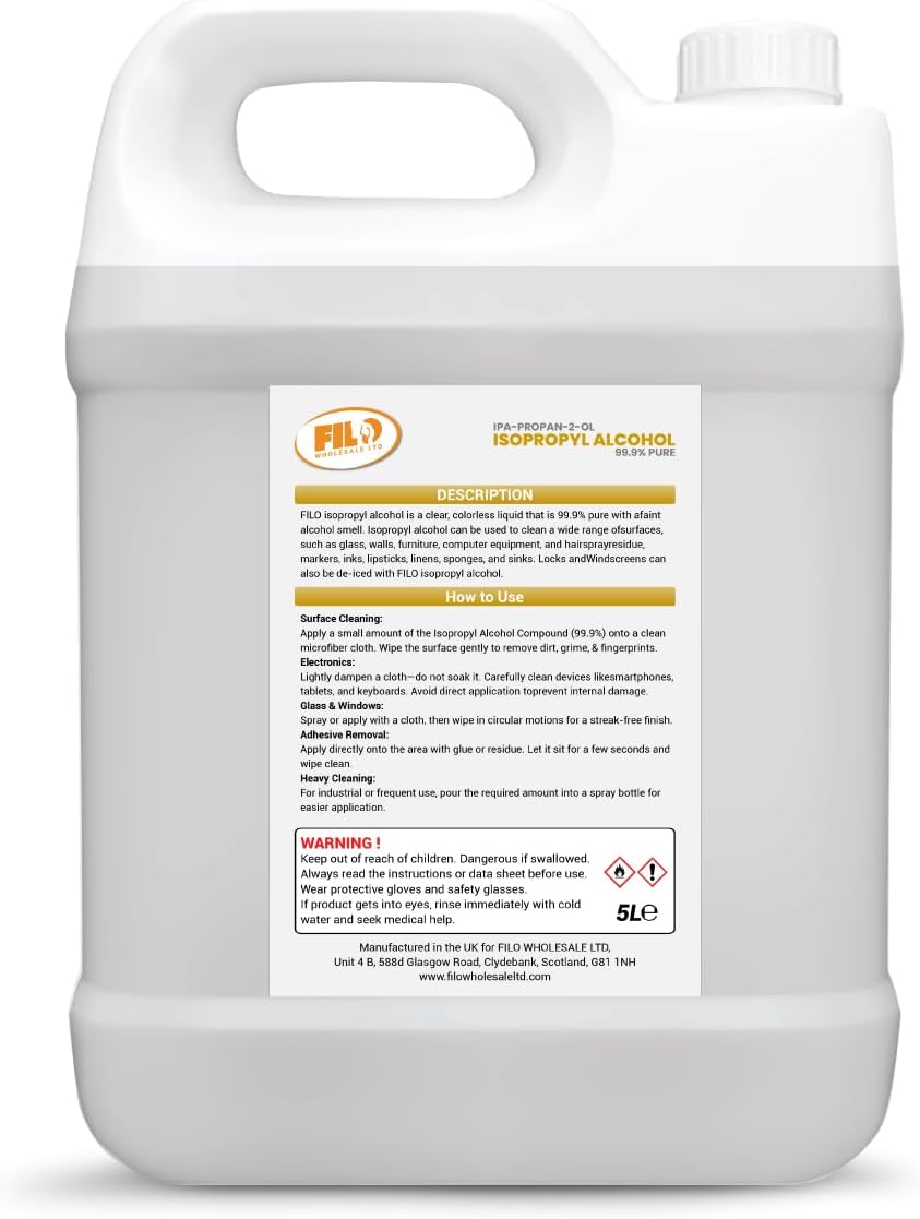FILO Isopropyl Alcohol 99.9% Pure 1x 5L | Lab Grade IPA | Rubbing Alcohol for Cleaning and Disinfecting | Isopropanol Alcohol Solvent for Electronics, Windows, Glass, Appliances and More