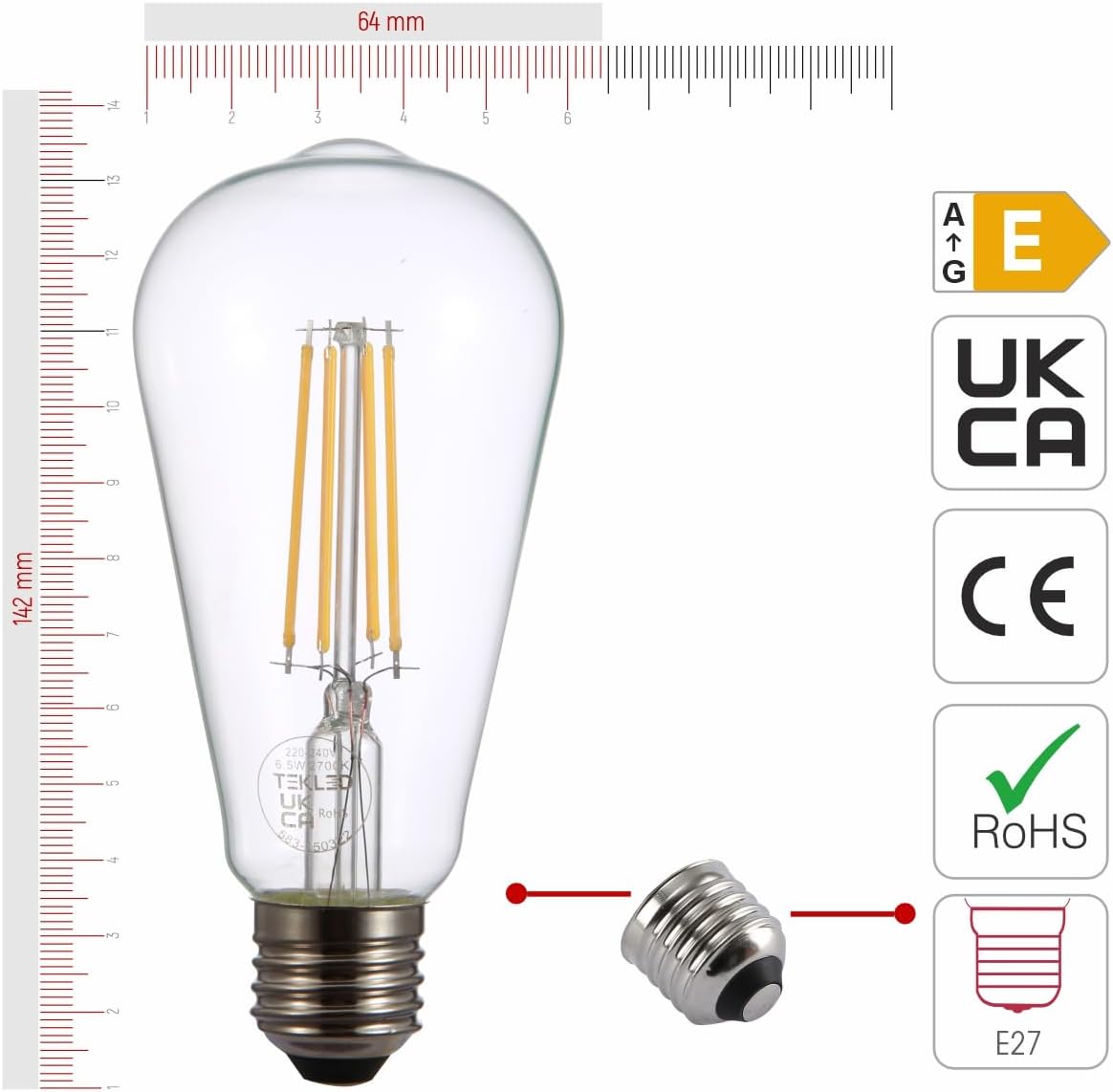 TEKLED LED Filament Style ST64 Bulbs E27 Dimmable 6.5W 60W Equiv 2700K 2 Pack Warm White