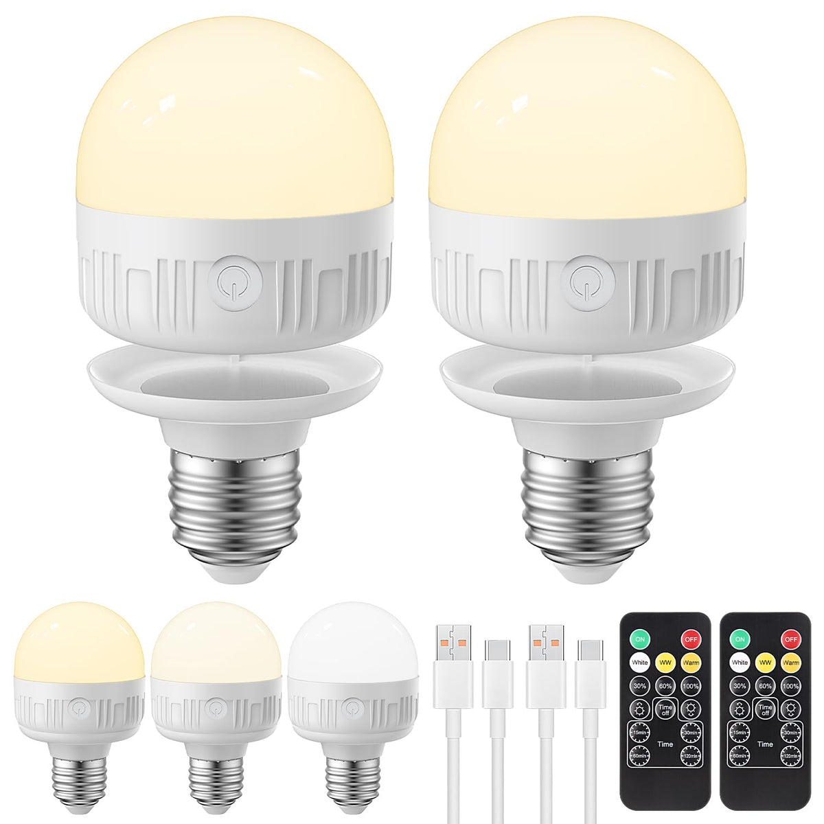 LGMCF E14 Rechargeable Light Bulb, 8W, 3 Colors, Timer, Dimmable, 2 Pack