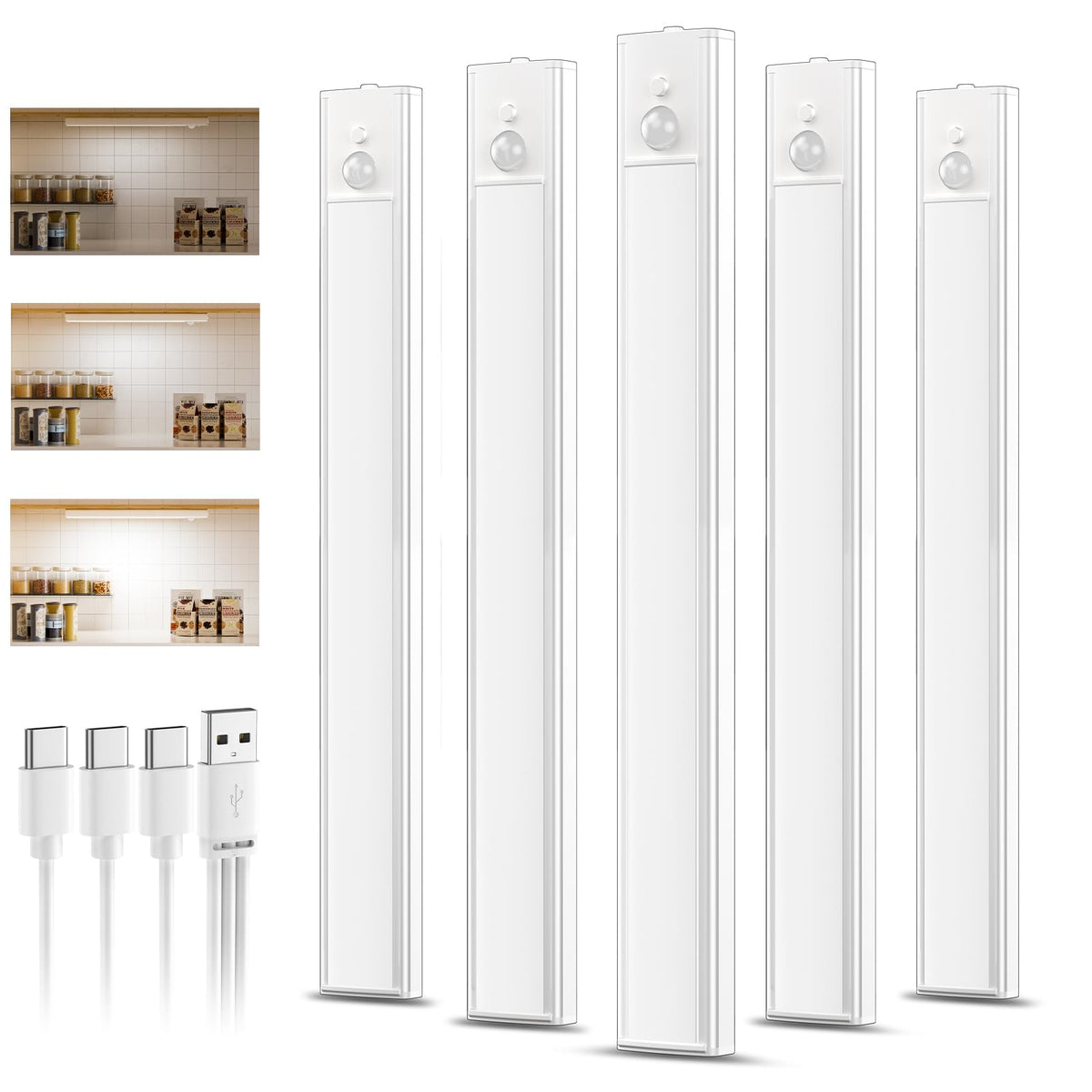 daphomeu 5 Pack Rechargeable Under Cupboard Kitchen Lights, 20CM Dimmable Warm Cabinet Light, LED Motion Sensor Lights Indoor, Magnetic Stick Light for Kitchen Shelf Stairs Wardrobe