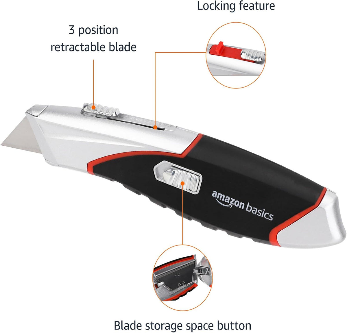 Amazon Basics Heavy Duty Retractable Auto-Load Ergonomic Utility Knife 3-Position Locking Blade with 4 Replaceable Blades in Designed Storage, Black/Silver