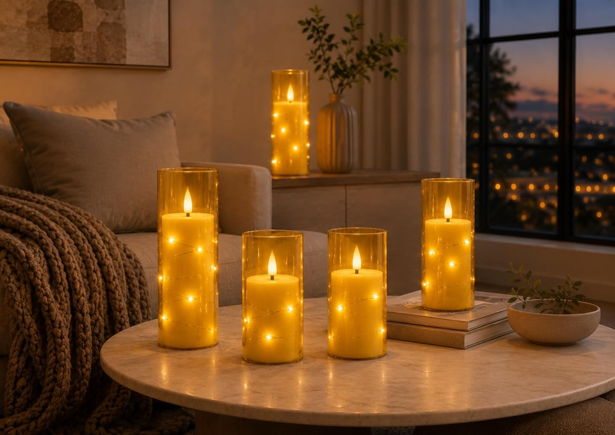 5 Pack Ivory Transparent Taper Candles, Black Wick Flickering Flameless LED Candles with Fairy Lights, Heat Resistant Reusable Plastic Candles, Remote Control, 14/14/16/18/20cm, Indoor Outdoor Decor