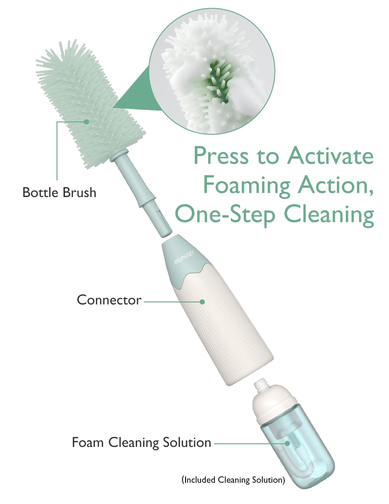 Momcozy Bottle Brush Set - Baby Bottle Cleaner Kit with Silicone Brush, Nipple Brush, Straw Brush, Soap Dispenser, Drying Rack - 7 in 1 Bottle Cleaning Tool for Home and Travel, Green