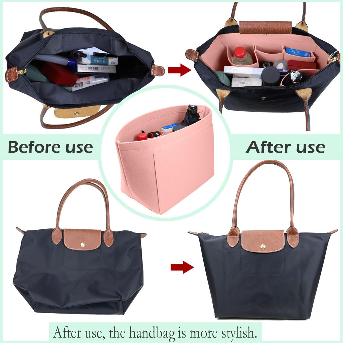 Lckaey tote bag organizer insert for Longchamp le pliage large tote insert felt purse zipper bag organizer 1028pink-S