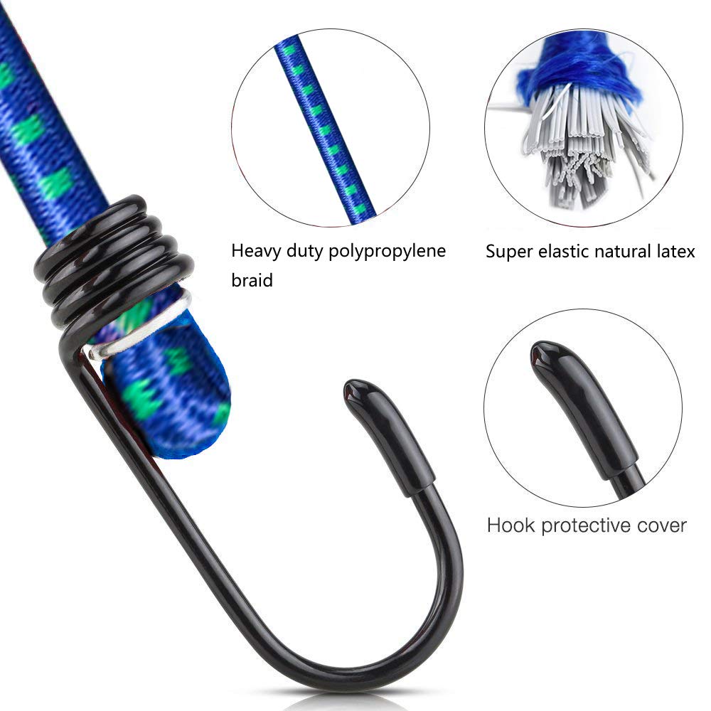 WeFine Pack of 10 Bungee Cords with Hooks Weatherproof & UV-Resistant Bungee Straps Heavy Duty Elastic Bungee Ropes for Caravan Camping RVs Trunks Luggage Racks,Black,16 inch (40CM)