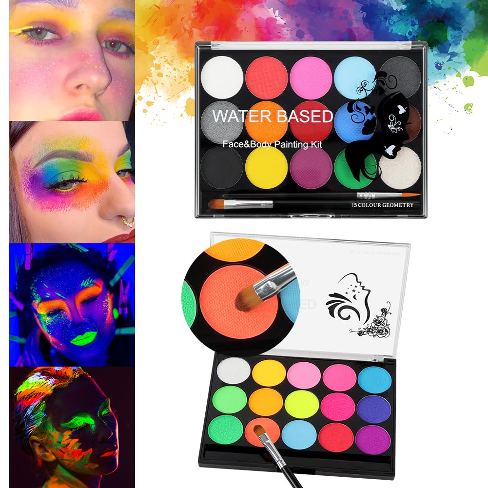 URAQT Face Paint Kit, 15 Color Face & 15 Color Neon Ultraviolet Painting with 2 Brushes 80 Stencils, Washable Safe Body Paint for Adults Kids Halloween Party Carnival, Makeup Paint Non-Toxic to Use