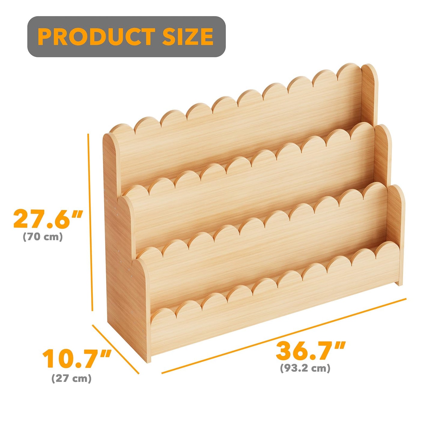 SpaceAid 3-Tier Scalloped Bookshelf, Montessori Bookcase for Toddlers, Wooden Book Shelf Organizer Display Furniture for Kids Rooms, Playroom, Nursery and Classroom, Natural