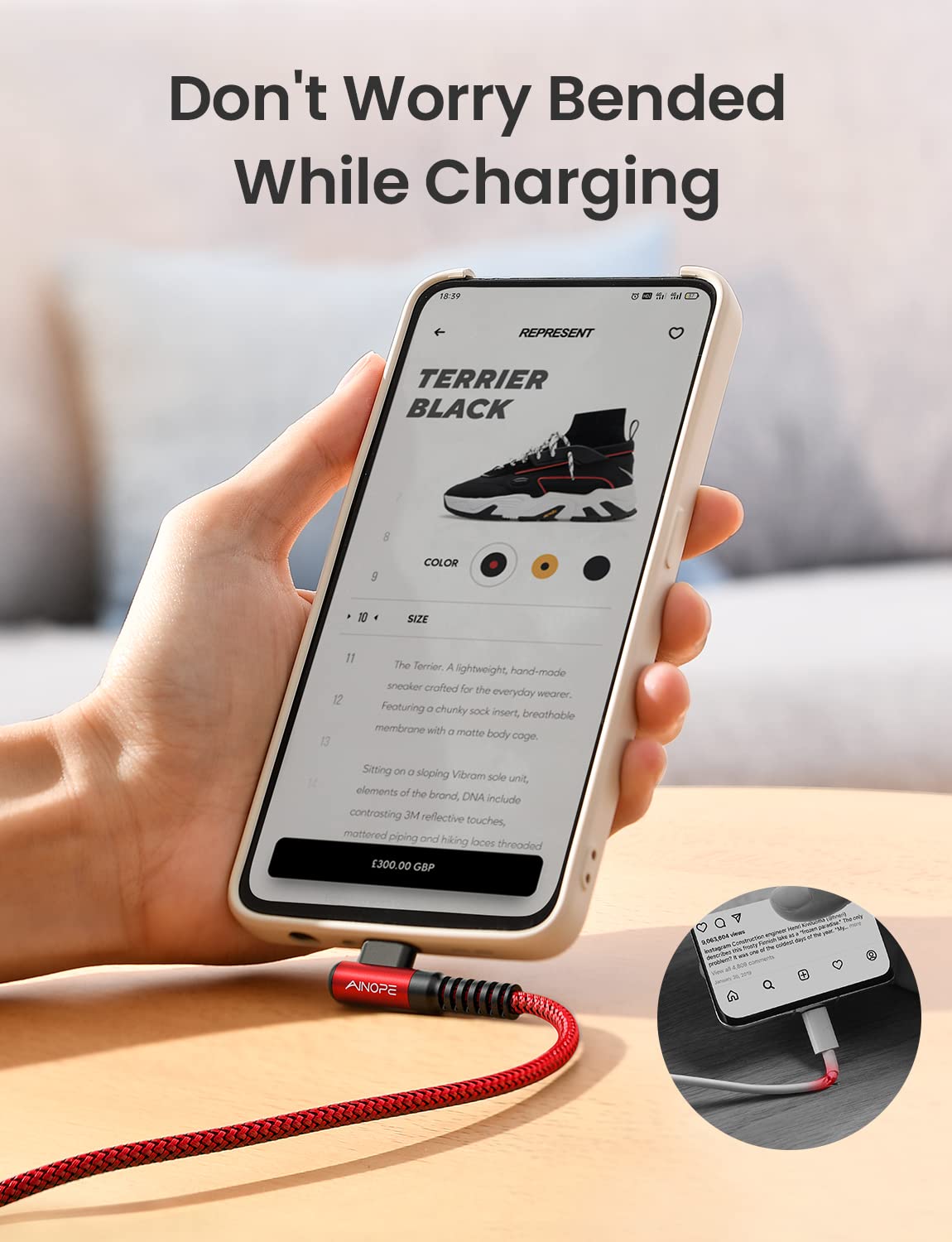 AINOPE USB C Charger Cable,(2Pack 2M) 3.1A Right Angle USB to USB C Cable