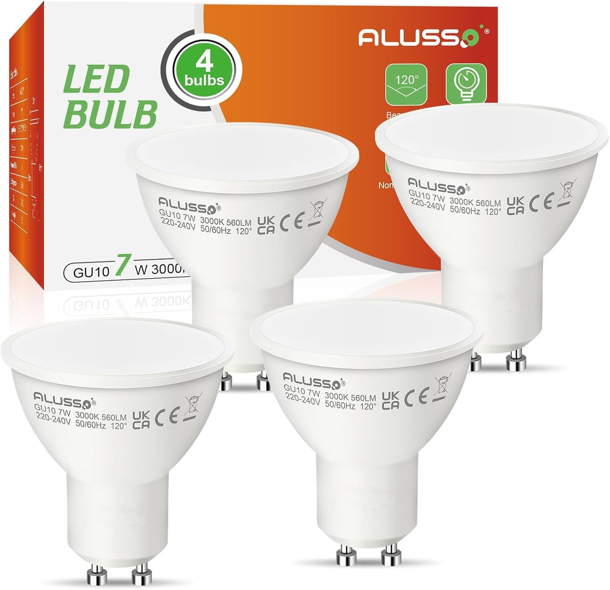 ALUSSO 5W GU10 LED Bulbs Warm White 3000K, 400LM Brightness Pack of 4