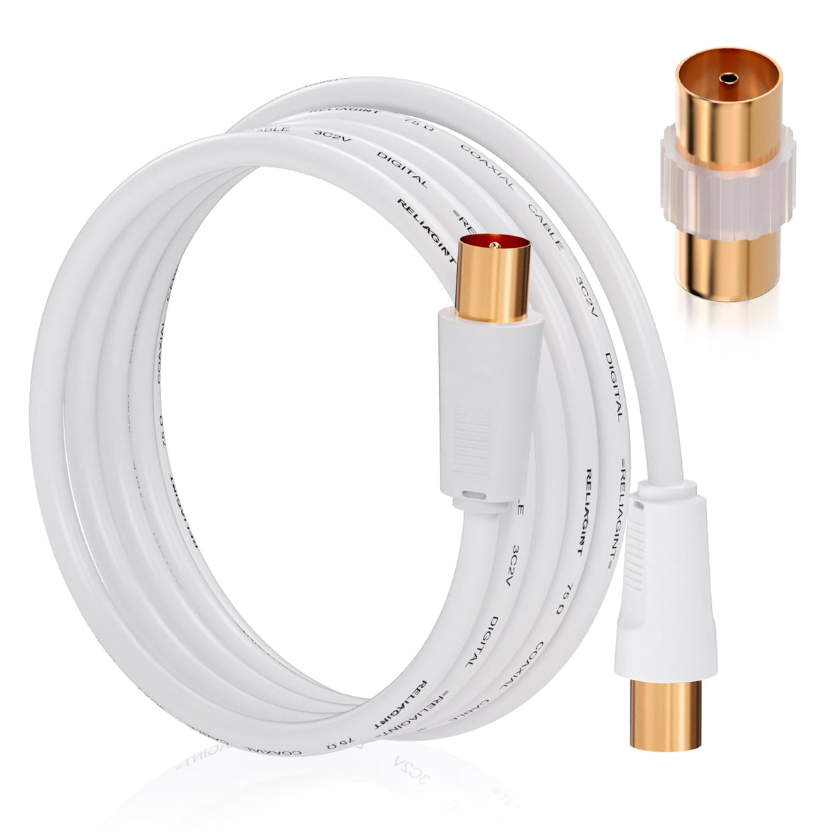 TV Aerial Cable 1m, 75 Ohm Coaxial Lead, IEC 9.5mm Male to Male 3C2V Pure Copper Dual Shielded, Right-Angle Connector, Female to Female Adaptor Included, Black