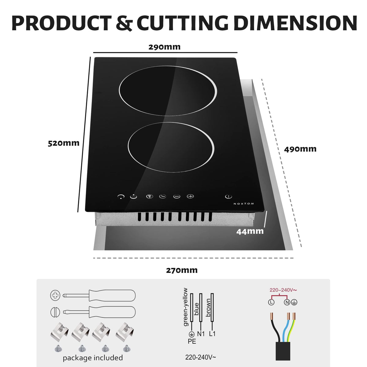 Noxton 2 Zone Ceramic Hob 30cm Electric Hob with Timer, Safe Lock, Pause Coutertop Use Hob with 13AMP Plug 2800W