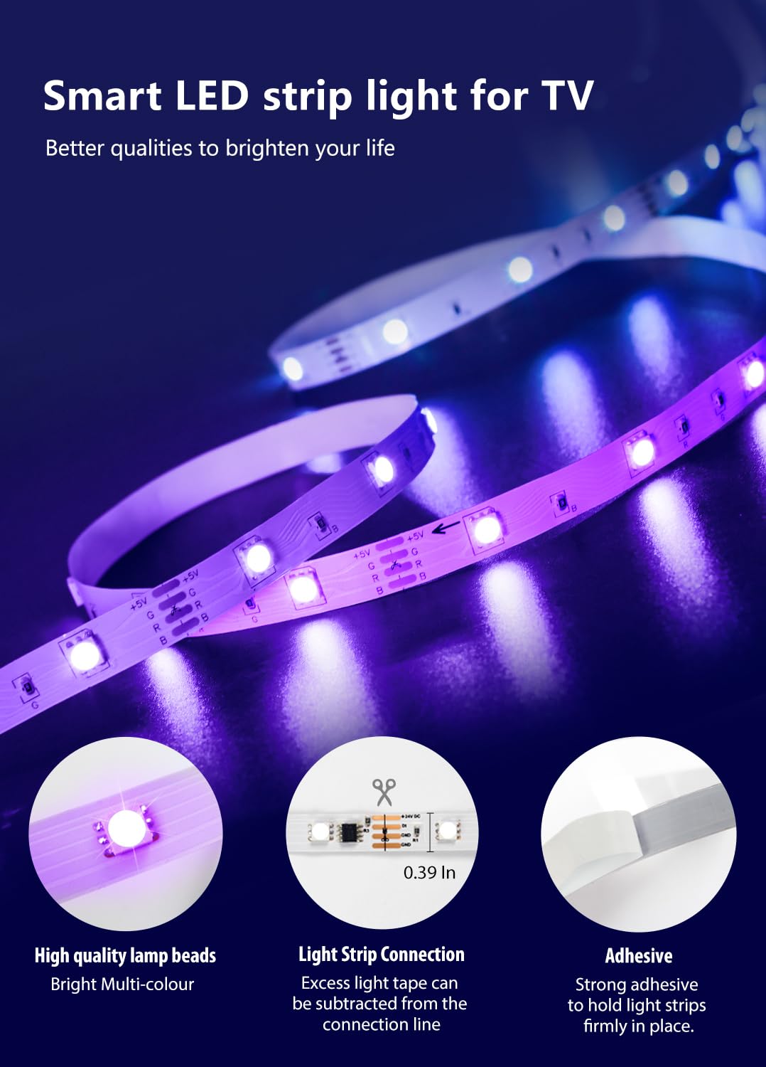 Beaeet TV LED Lights, 3M TV Backlight LED Strip for 32-60 Inch TVs, USB Powered Behind TV Light with RGB Music Sync and Bluetooth Remote Control for Home Decor