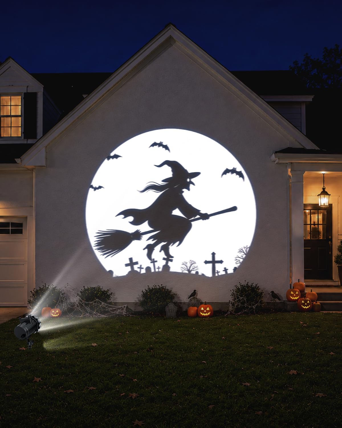 Halloween Projector Outdoor, Dynamic Halloween Decorations Lights with Motion Effects, Flying Witch Broomstick/Spooky Cat/Dance Skeleton, Movement Night Light for Window Yard Wall Garage Holiday Decor
