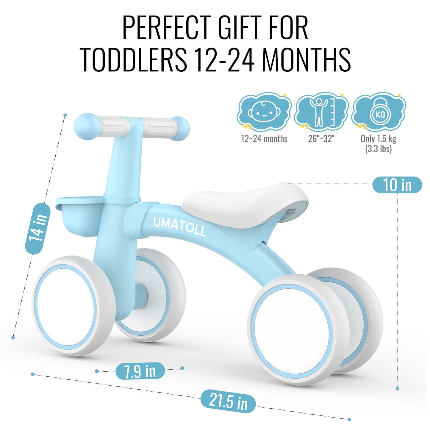 Umatoll Baby Balance Bike for 1 Year Old Boys Girls, 12-24 Months Toddler Balance Bike with Removable Basket, Adjustable Seat, 4 Wheels Infant Bike, First Birthday Gift