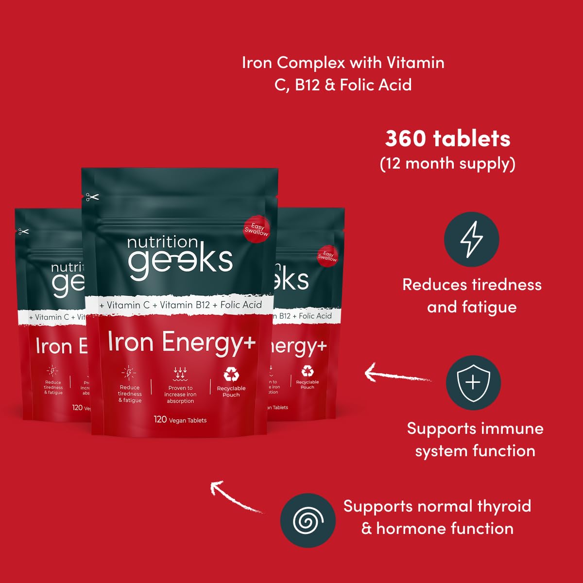 Iron Tablets High Strength - Energy Tablets with Vitamin C, B12 & Folic Acid - 120 Vegan Iron Supplements for Women and Men - 14mg - Enhanced Energy Support & Increased Absorption - UK Made