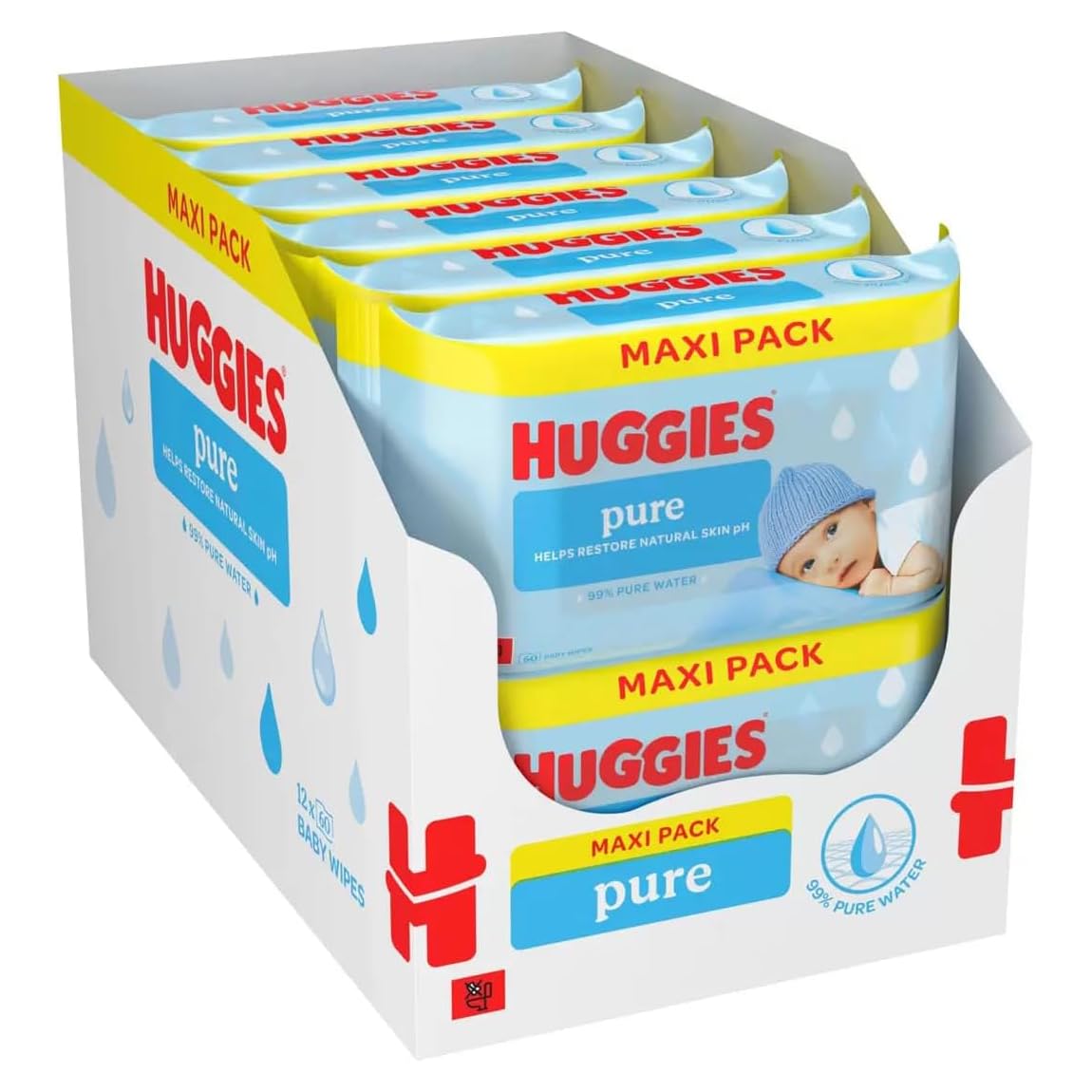 Huggies Pure Plastic Free Baby Wipes - Pack of 12 (576 Wipes) – 99% Water Wet Wipes, Fragrance Free, Hypoallergenic, Better Cleaning, Soft and Gentle on Babies' Delicate Skin