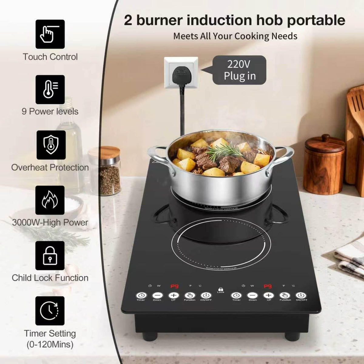 GIHETKUT single electric hob,220V 2000W Electric Hob with LED Touch Control,10 Power Levels, 4H Timer, Safety Lock,portable single burner hob Overheat protection