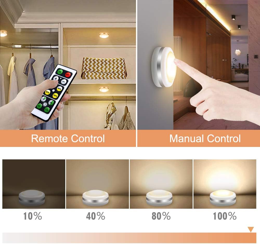 Under Cabinet Lights, Wireless LED Puck Lights Remote Control, 4000K Natural White Brightness Dimmable Battery Powered Touch Closet Cupboard Kitchen Wardrobe Lights, 6 Pack (White)