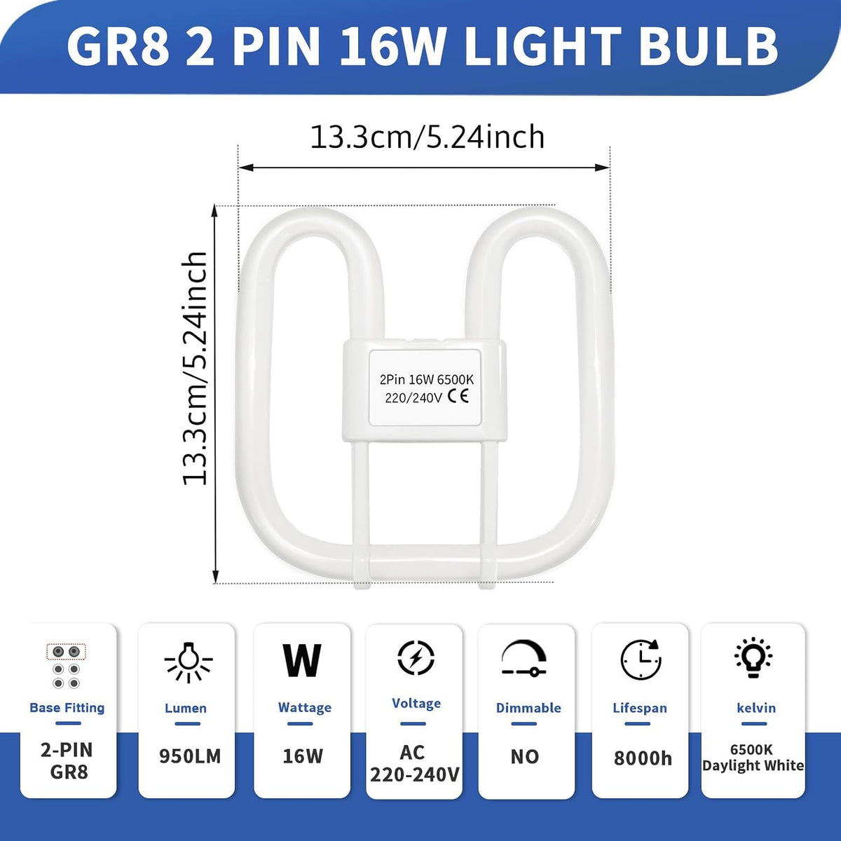 Akynite 16W 2D Square 2-Pin GR8 Cap Daylight White 6500k Compact Fluorescent Lamp, AC 230V, CFL 2 Pin Light Bulb, not dimmable, GR8 DD Flat Butterfly Bulb for Flush Ceiling Light, 1 Pack