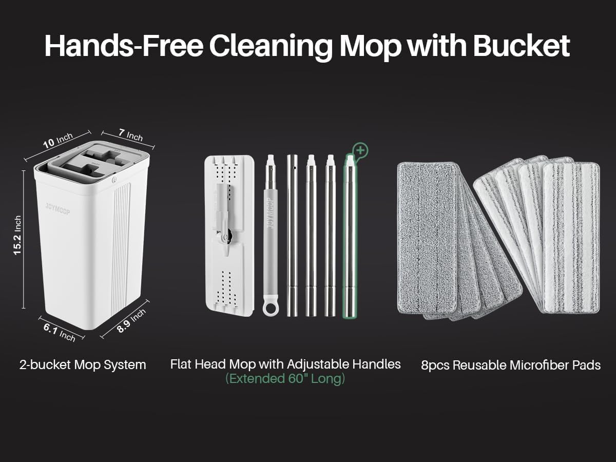 JOYMOOP Mop and Bucket with Wringer Set, Hands Free Flat Floor Mop and Bucket, with 3 Washable Microfiber Pads, Wet and Dry Use, Floor Cleaning System