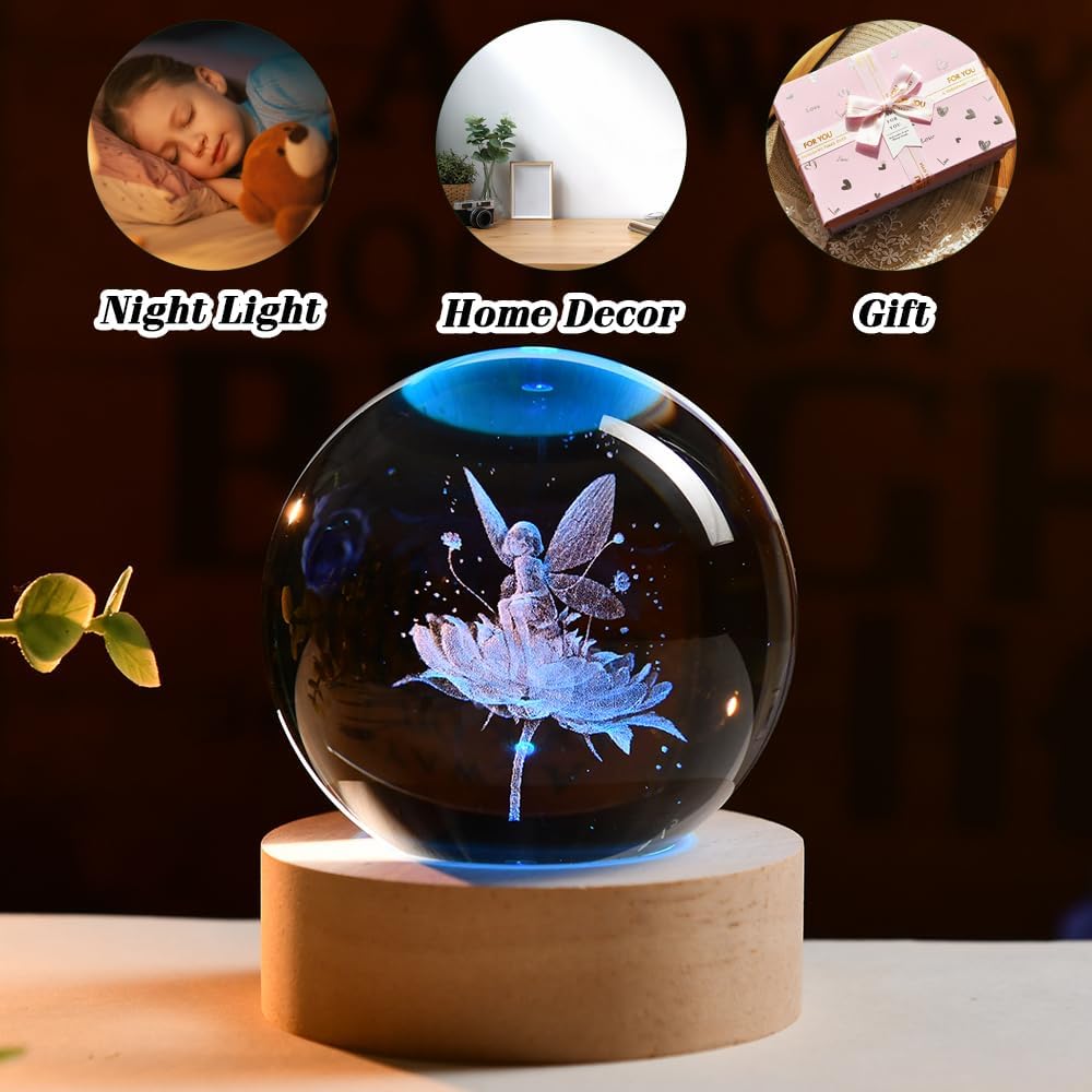 3D Fairy Crystal Ball 60mm Glass Fairy with Flower Night Light Gifts for Girl Women with Light Base