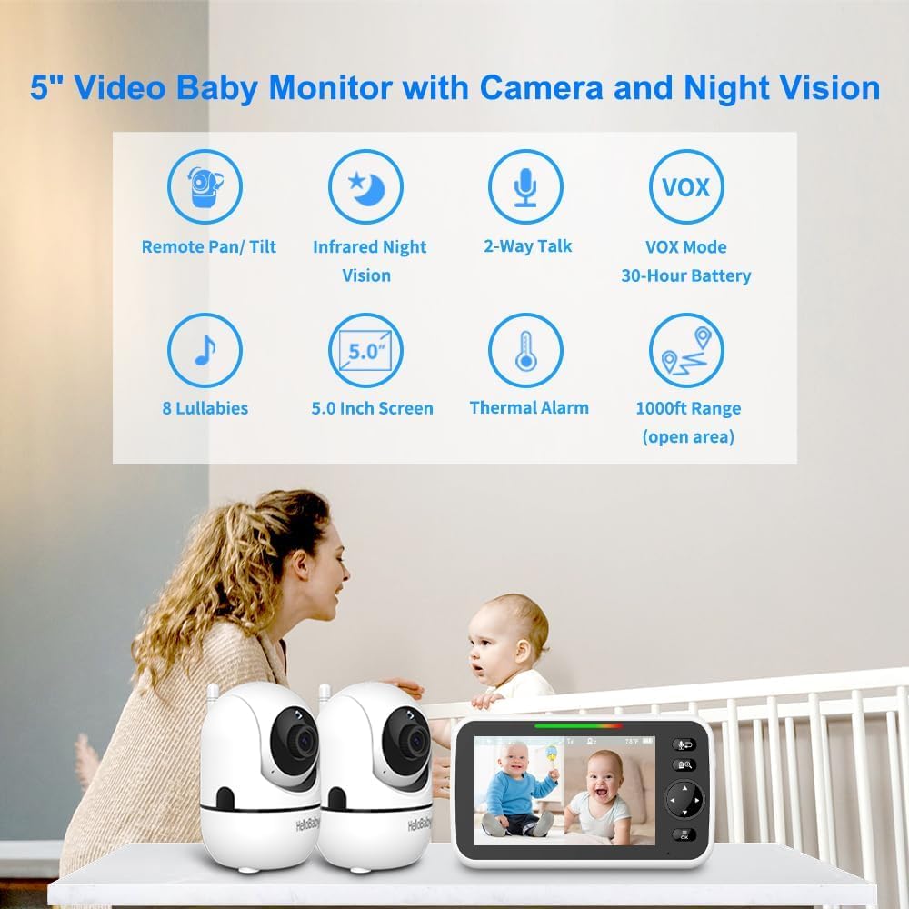 HelloBaby HB6550 Baby Monitor with Camera and Night Vision, 5" Split Screen