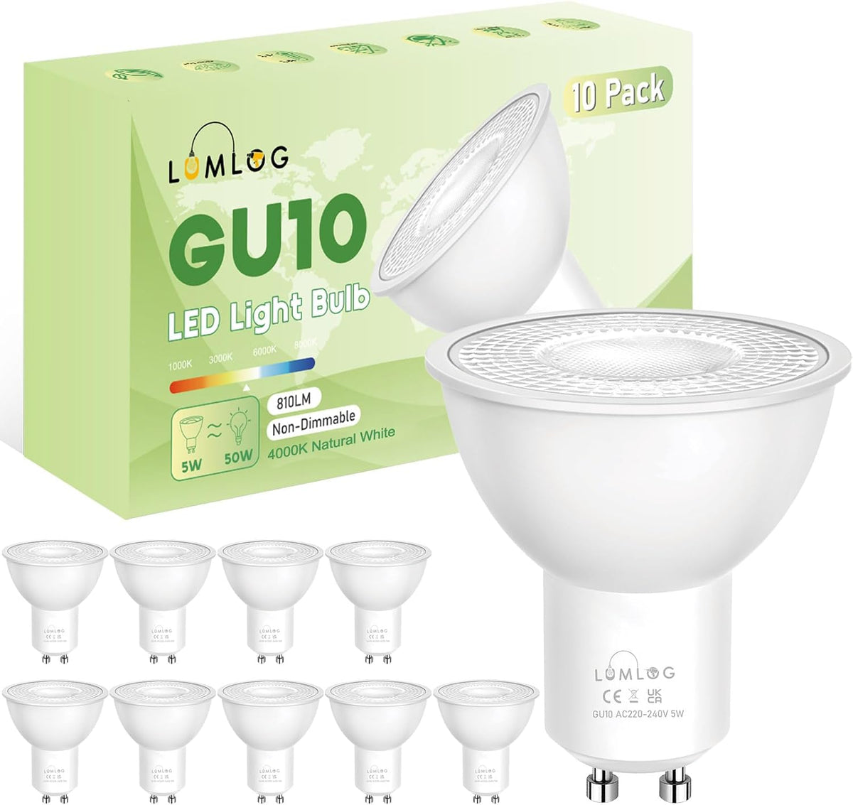 GU10 Led Bulbs Natural White 4000K, 5W Spotlight Light Bulb, 810LM Energy Saving LED Bulb, (50W Equivalent), Non-Flicker, Non-Dimmable, for Home Lighting, 10 Pack [Energy Class C]