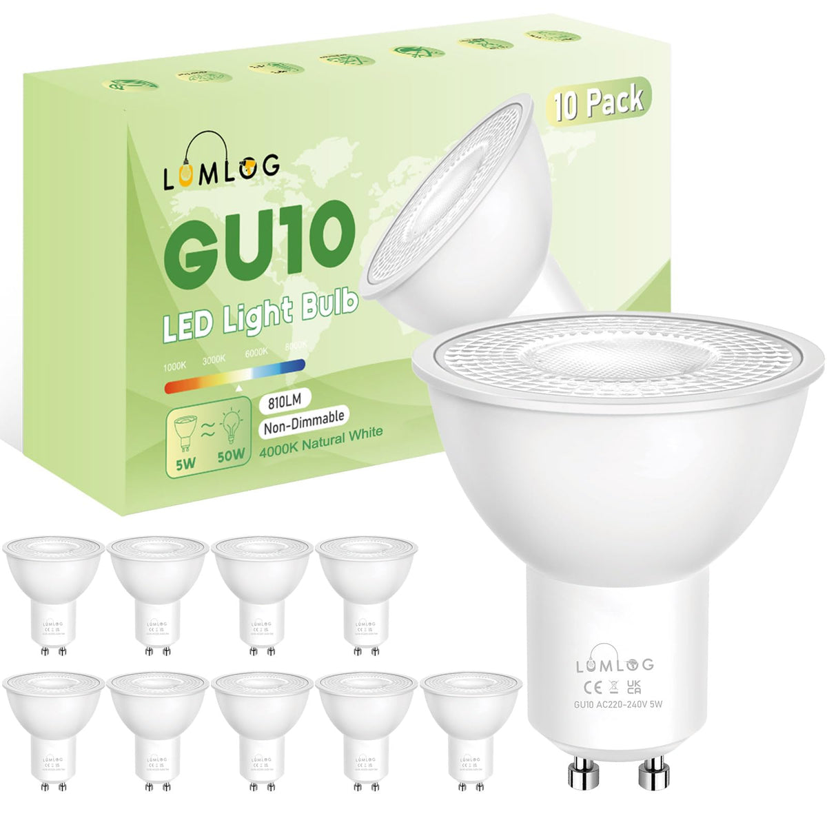 GU10 Led Bulbs Natural White 4000K, 5W Spotlight Light Bulb, 810LM Energy Saving LED Bulb, (50W Equivalent), Non-Flicker, Non-Dimmable, for Home Lighting, 10 Pack [Energy Class C]
