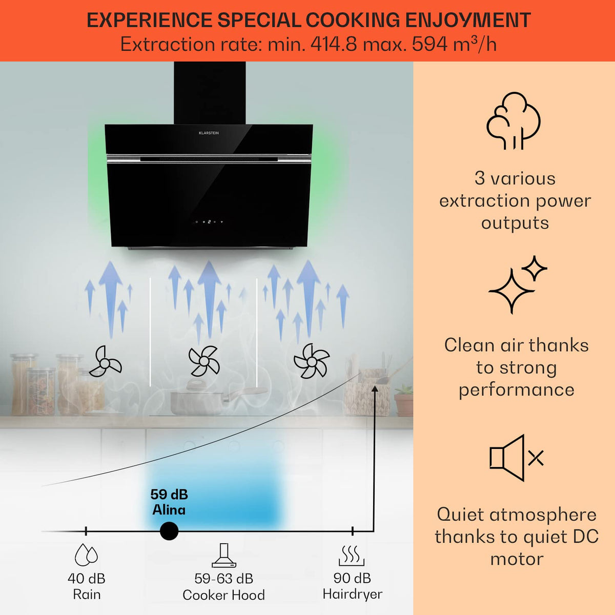 Klarstein Alina 90 Angled Cooker Hood - 615m³/h Air Flow, Touch Panel, LED Backlighting, Quiet 63dB, Energy Class A, 90cm Extractor Hood, Black