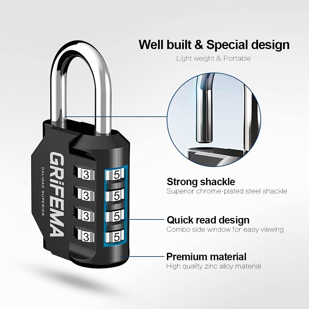 GRIFEMA Combination Padlocks with 4 Digit Code, Locker Padlock Outdoor Heavy Duty Weatherproof for School Gym Locker cabinet, Garage, Gate, Shed GA1001-1 (1 PACK), Black