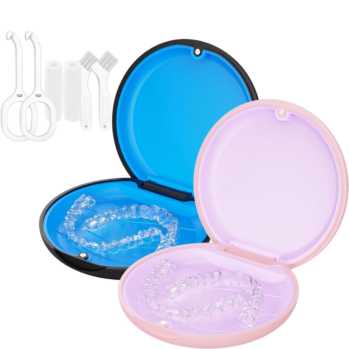 Retainer Case, Slim Aligner Cases for Invisalign, Mouthguard Case with Removal Tools& Aligners Chewies& Brush, Removable Inner Tray Silicone for Easy Cleaning (Pink)