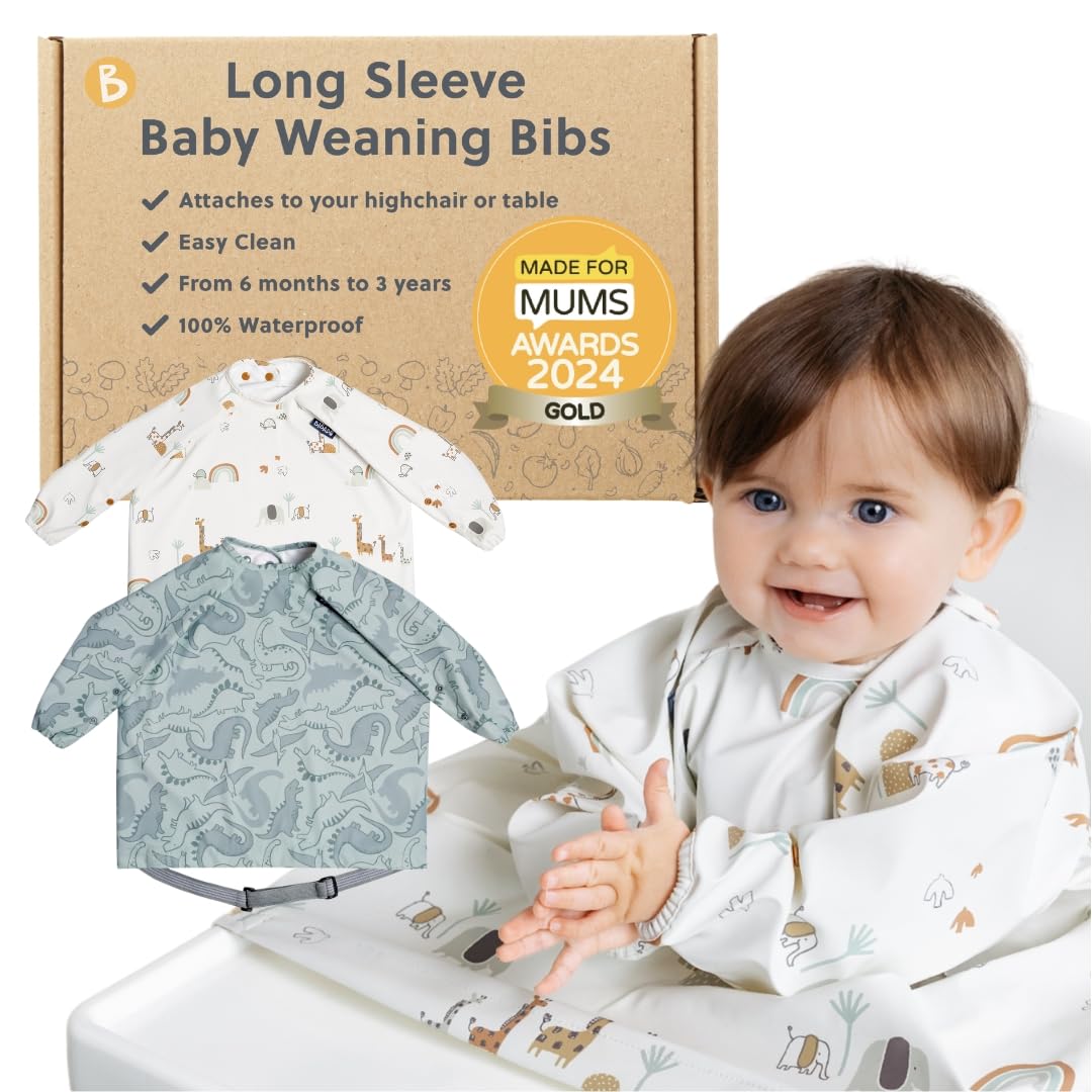 BIBaDO Long Sleeve Baby Bibs - Coverall Weaning Bib with Highchair Strap