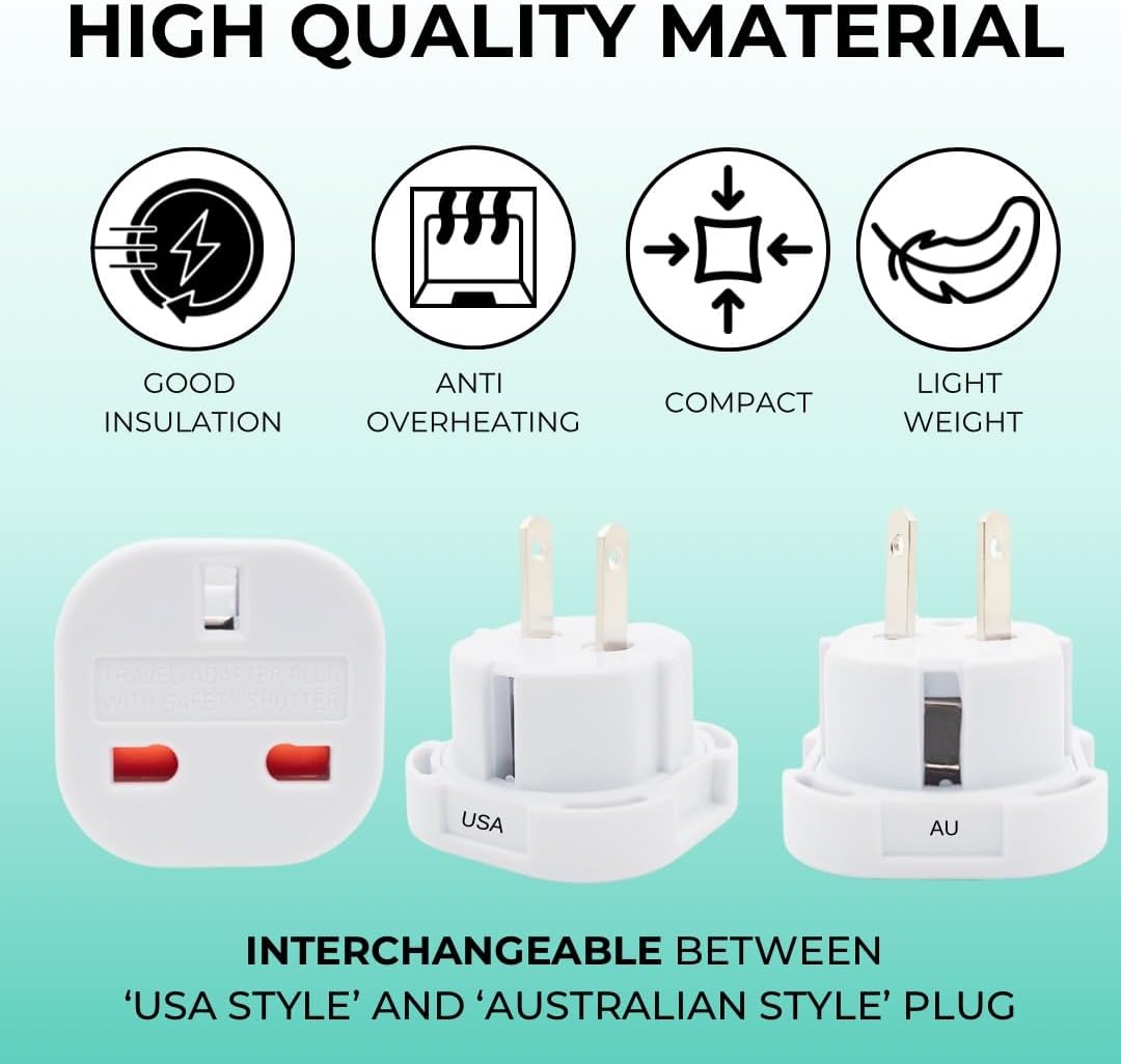 Double Dragon UK to US and Australia, 3-Pin to 2-Pin Travel Adapter | Plug Converter for USA, Canada, Japan, Thailand, Taiwan, Australia, China, New Zealand and more, Swivel Pins, Pack of 5