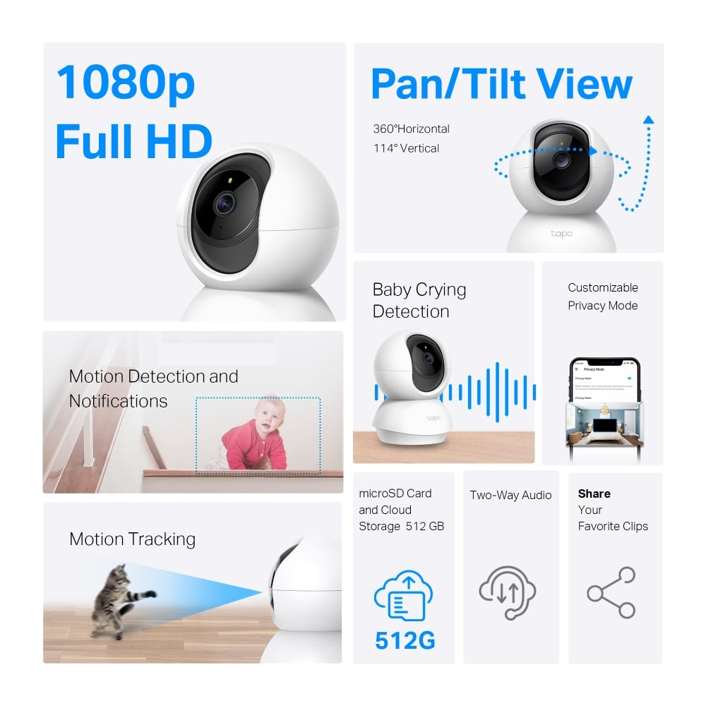 Tapo TP-Link 2K Pan Tilt Security Camera for Baby Monitor, Dog Camera w/Motion Detection, 2-Way Audio Siren, Night Vision, Cloud &SD Card Storage (Up to 256 GB), Works with Alexa & Google Home (C210)