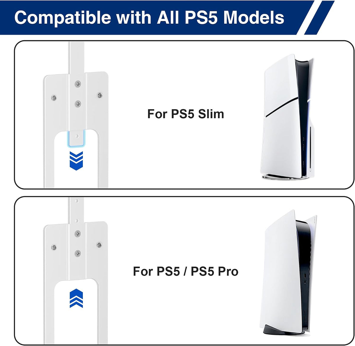 pickpiff PS5 Wall Mount Bracket, Compatible with All PlayStation 5 Models (Disc, Digital, Slim & Pro), Adjustable Console Holder with 2 Controller Holders, White