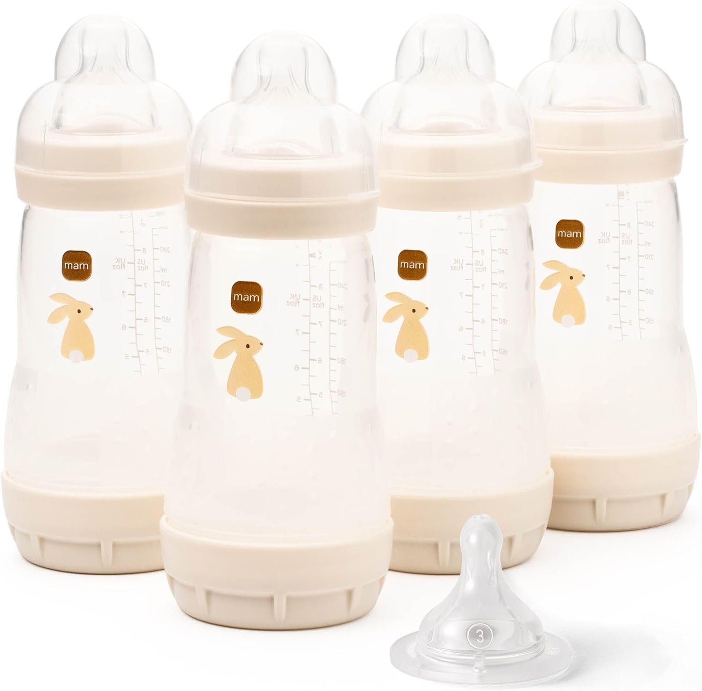 MAM Easy Start Anti-Colic Baby Bottles | 4 Pack (4X 260ml) | Self-Sterilising Baby Milk Bottle | Medium Flow MAM Teats Size 2 + 1x Fast Flow Teat Size 3 | Powder Blue (Various Designs)