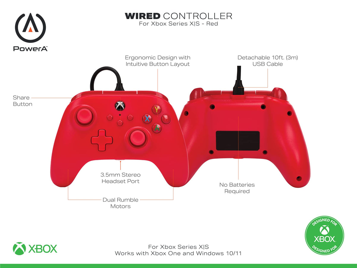 PowerA Wired Controller For Xbox Series X & S, Xbox One, PC, Windows 10 & 11, Dual Rumble Motors, Detachable 10ft USB Cable, 3.5mm Stereo Headset Jack, Official: Blue