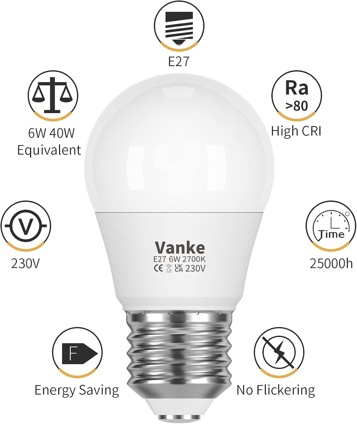 Vanke E27 Screw LED Bulb, Warm White 2700K, 6W(40W Equivalent), Pack of 3