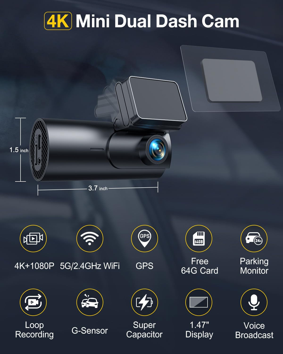 GKU 4K Dash Cam Front and Rear, 5GHz WiFi Dashcam with 64GB SD Card