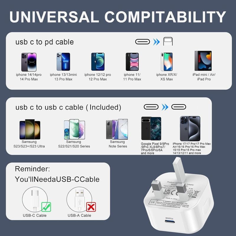 iPad Charger,2Pack USB C to Lightning Fast Charging Cable and Plug 25W Charge for New Apple i Pad Pro 9.7 10.5 12.9 inch 2nd Generation/Air 3rd/Mini 4 5th Gen/Pad 5th 6th 7th 8th 9th 2021/iPhone 14 13