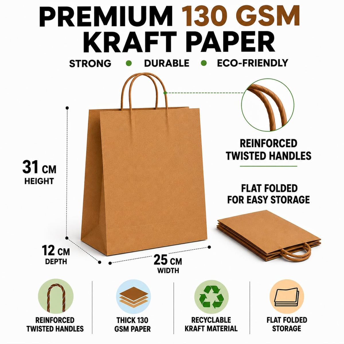HURUC Brown Paper Bags with Handles 50 Pack Medium 130 GSM