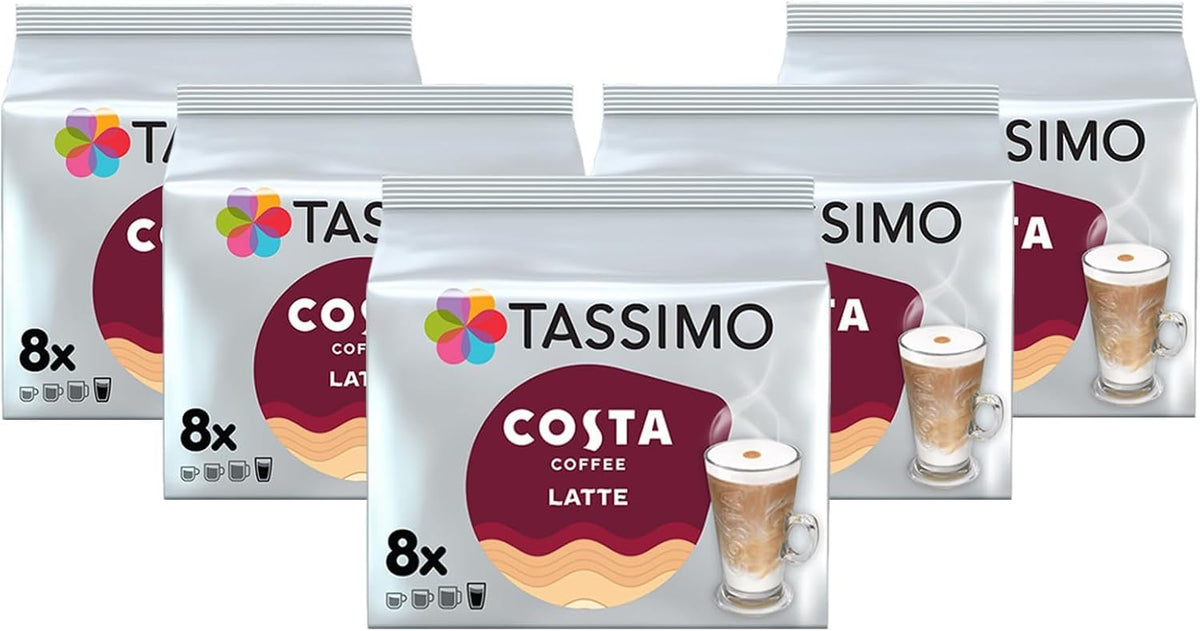 Tassimo Costa Latte Medium Roast Coffee Pods, Pack of 5, Total 40 Cups
