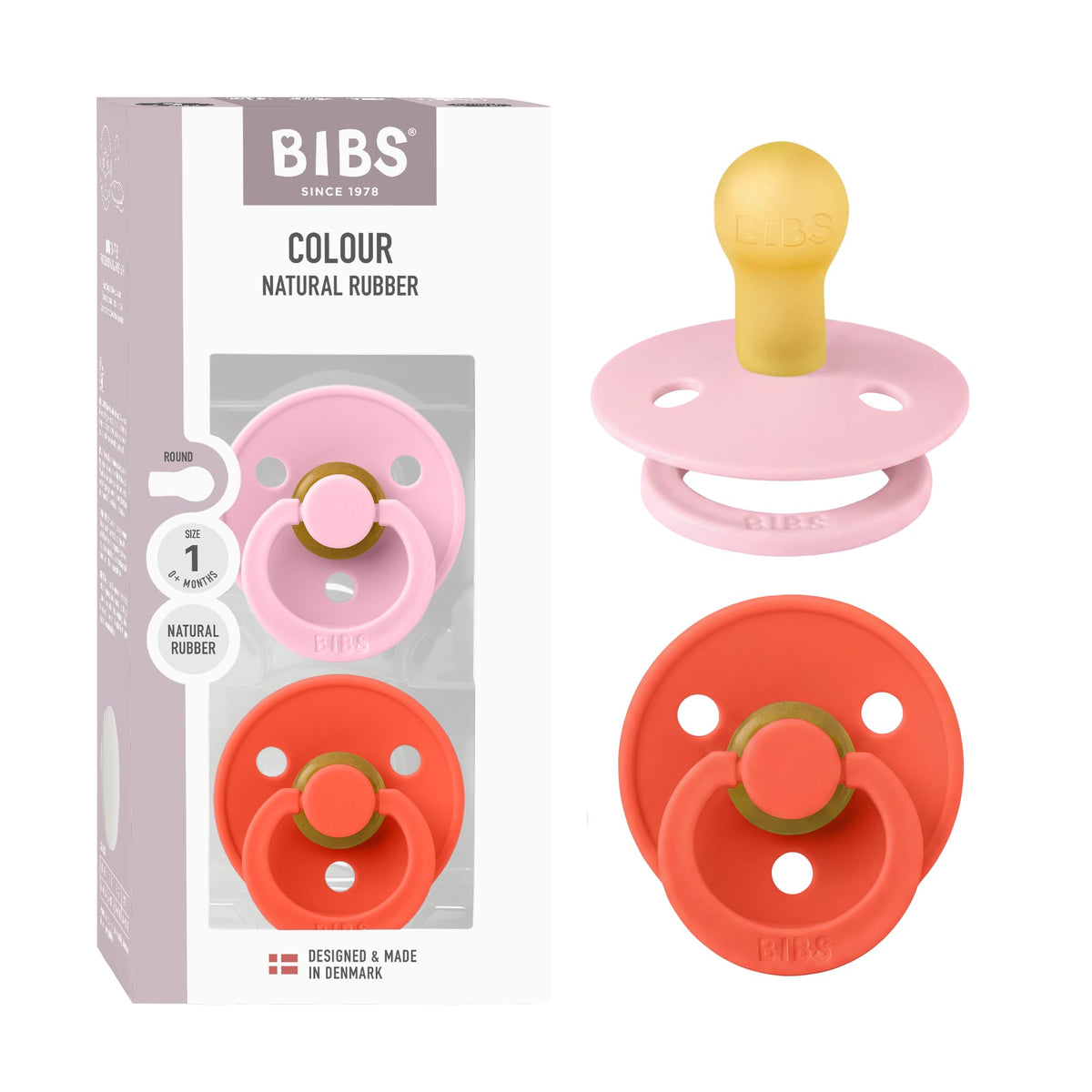 BIBS Colour Soother 2-Pack, BPA Free Dummy Pacifier, Round Nipple. Natural Rubber Latex, Made in Denmark, Size 2 (6-18 Months), Baby Blue
