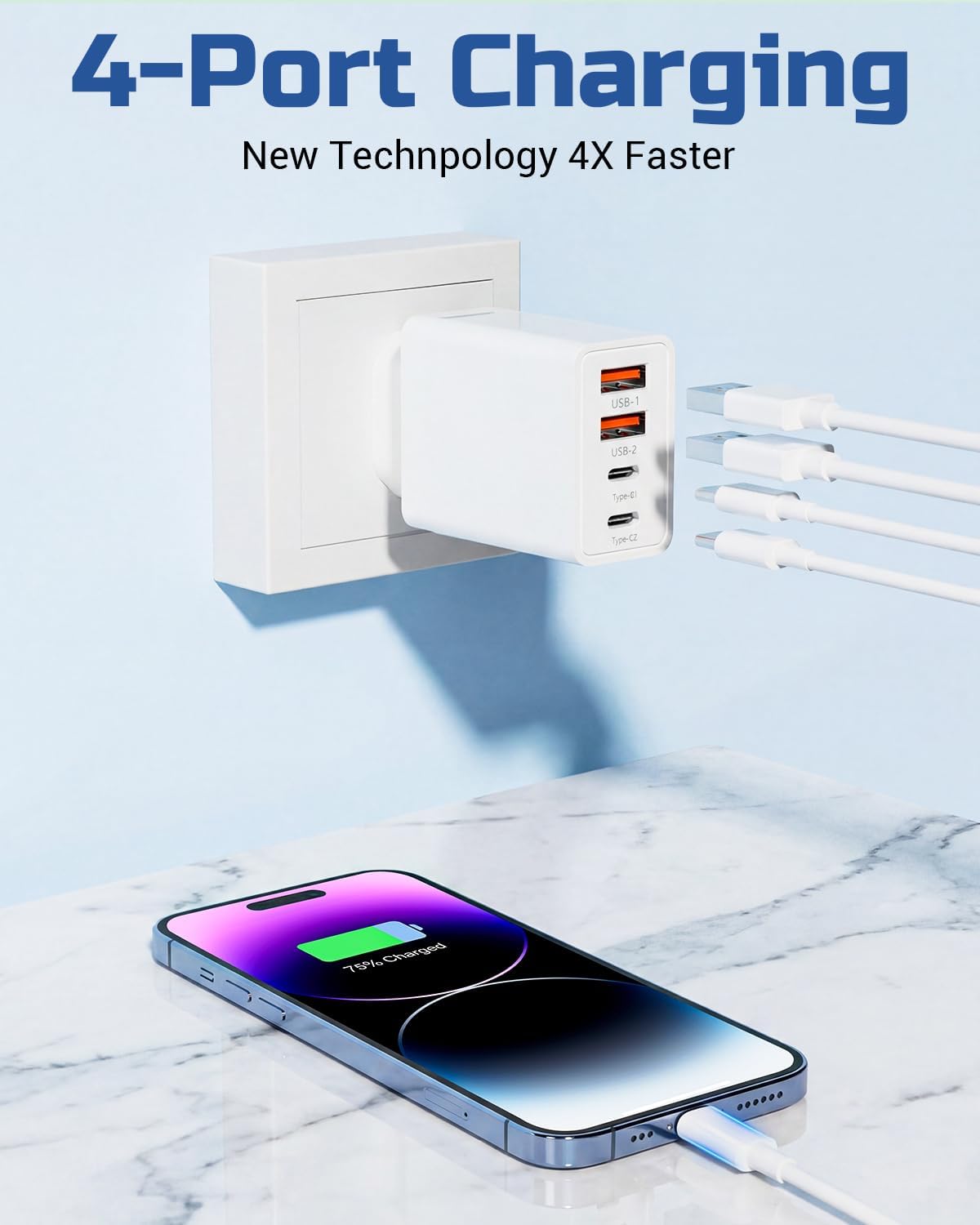 40W EU Travel Charger, European Plug Adaptor with 2 USB C Ports and 2 USB A Ports, Fast Charging UK to Europe Mains Adaptor for iPhone Samsung Smartphones 2PC