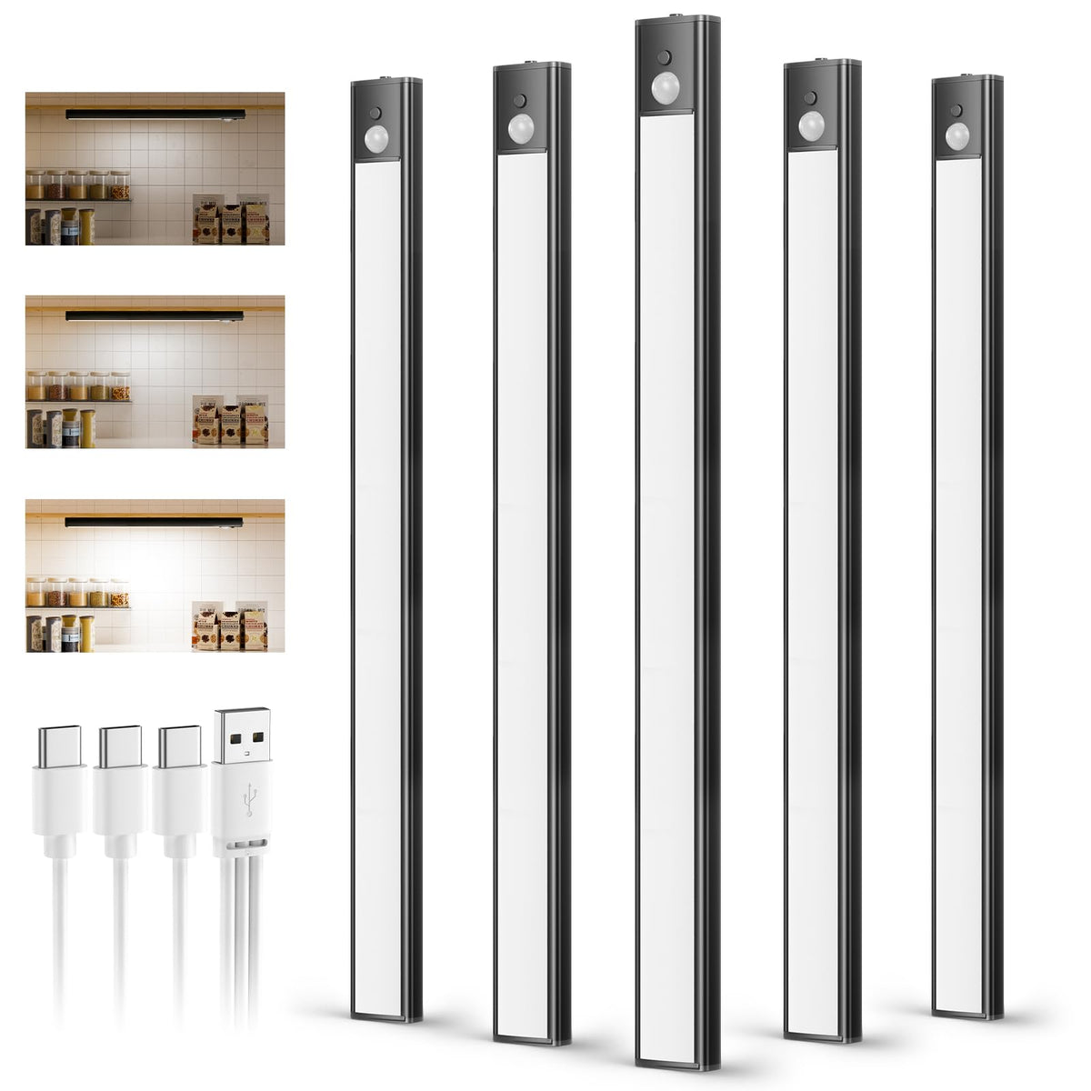 daphomeu 5 Pack Rechargeable Under Cupboard Kitchen Lights, 20CM Dimmable Warm Cabinet Light, LED Motion Sensor Lights Indoor, Magnetic Stick Light for Kitchen Shelf Stairs Wardrobe