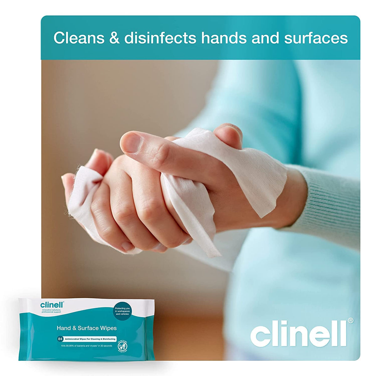 Clinell Antimicrobial Hand Wipes for Cleaning & Disinfecting - Sanitising Wipes, Ideal for Travel - Dermatologically Tested, Kills 99.99% of Bacteria & Viruses - 84 Wipes