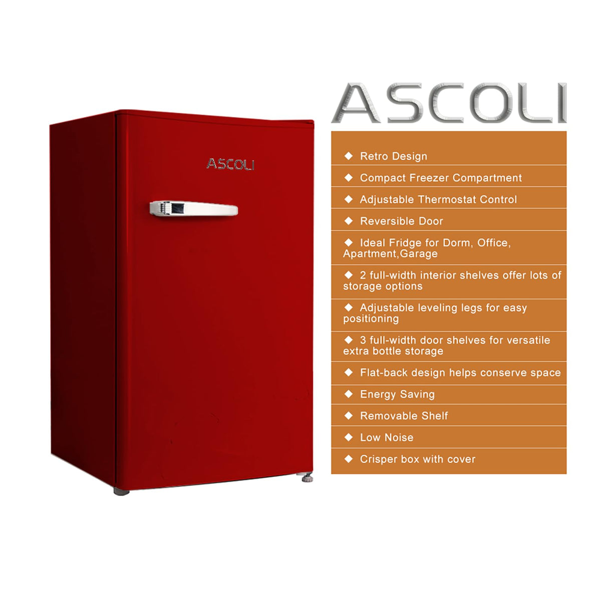 Retro Mini Fridge 85L, Compact Refrigerator, Under Counter Fridge, Direct Cooling, Super Quiet, Adjustable Racks, Metal Handle, Mechanical Control, Led Light