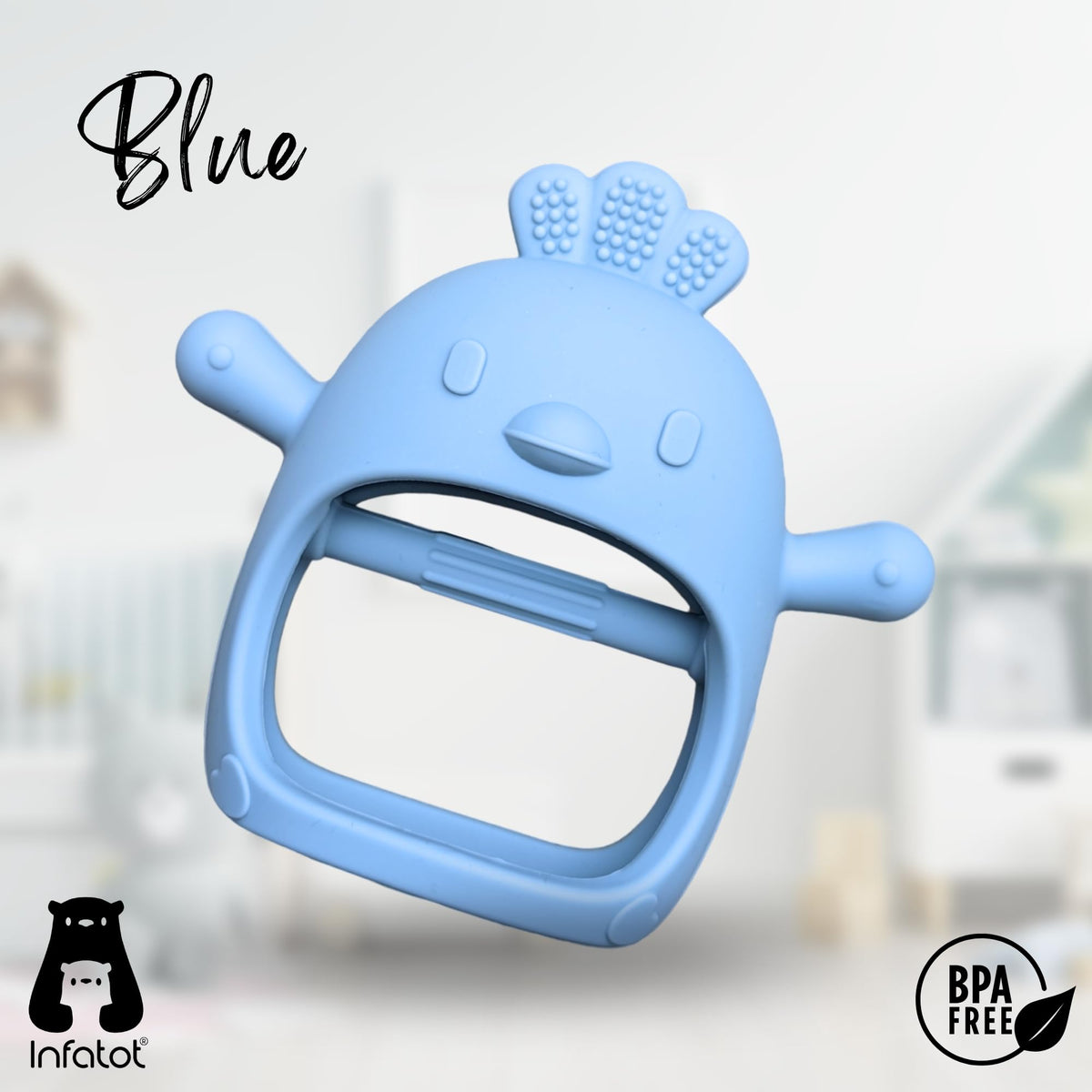 Infatot® Teething Toys for Baby Gifts – Chipmunk Silicone Mitten Teether, Soothing Glove for Infants, Baby Toys 0-6 Months, Soft Chewable Teether Toy to Prevent Finger Sucking, CM Blue.