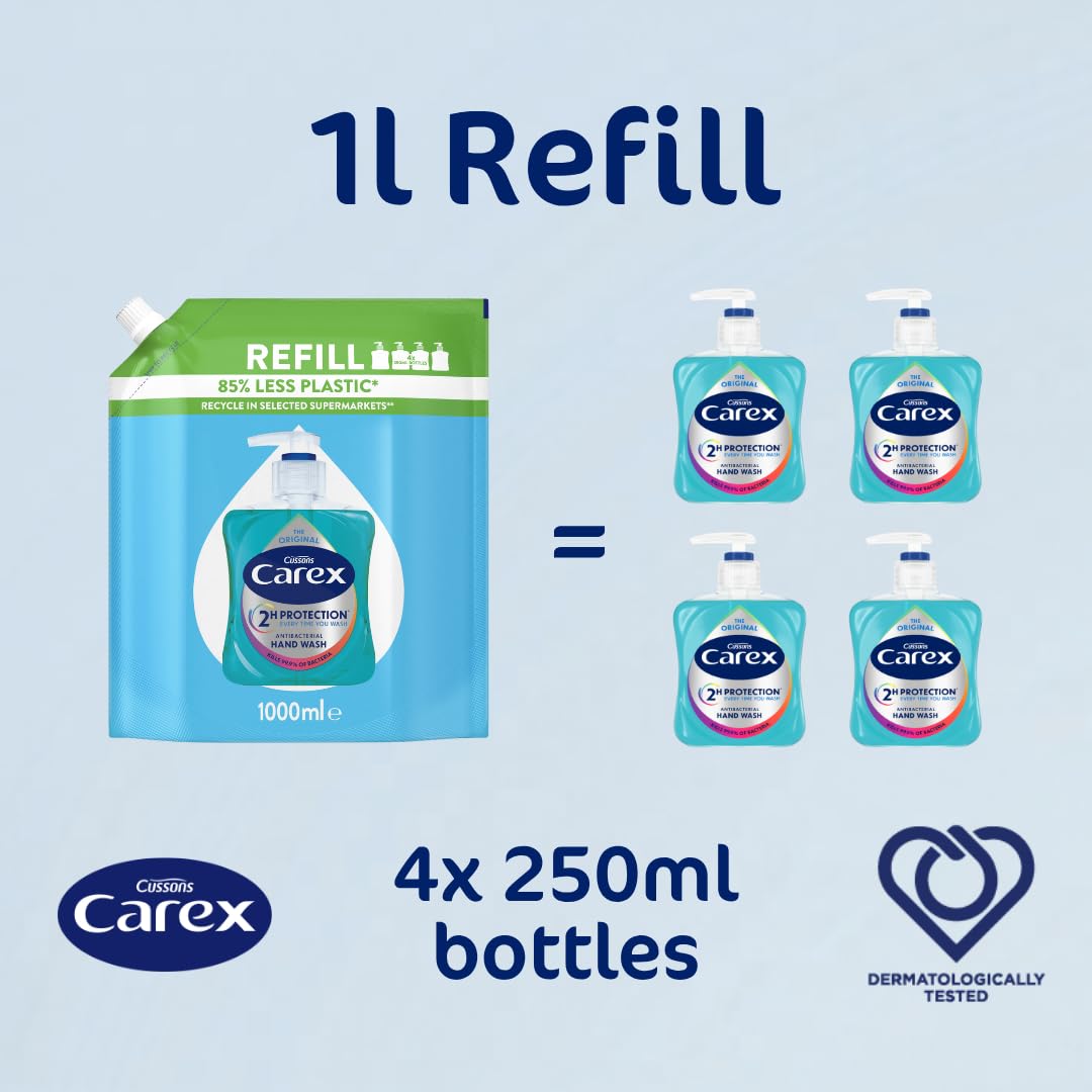 Carex 2 Hour Protection Antibacterial Moisture Hand Wash Refills, Liquid Hand Soap Eco Refill for Homes & Businesses, Caring Hand Wash, Bulk Buy, Pack of 3 x 1 litre
